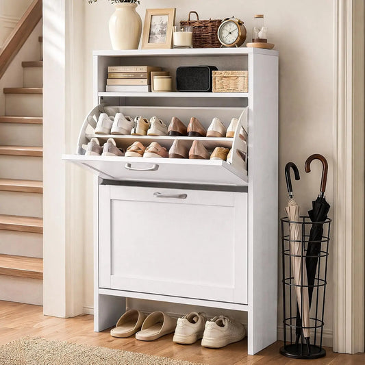 Wooden Shoe Storage Cabinet With Two Flip Drawers For Entryway