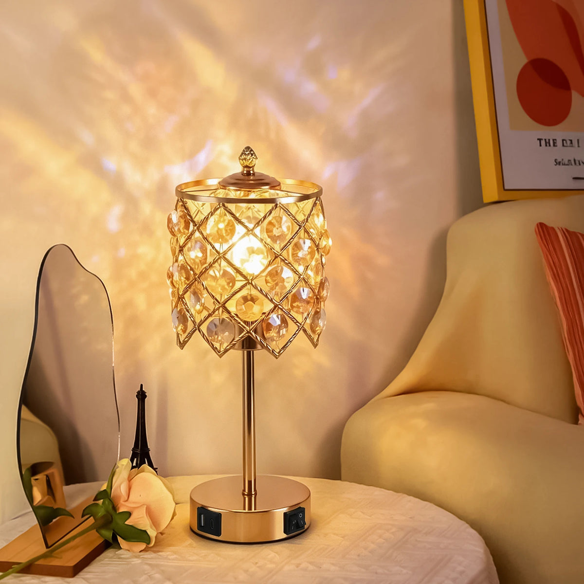 Elegant Crystal Table Lamp With USB Charging Port And Outlet