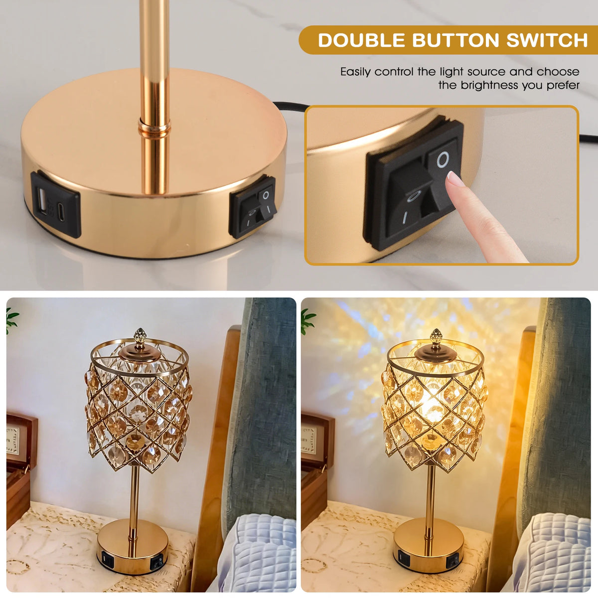 Elegant Crystal Table Lamp With USB Charging Port And Outlet