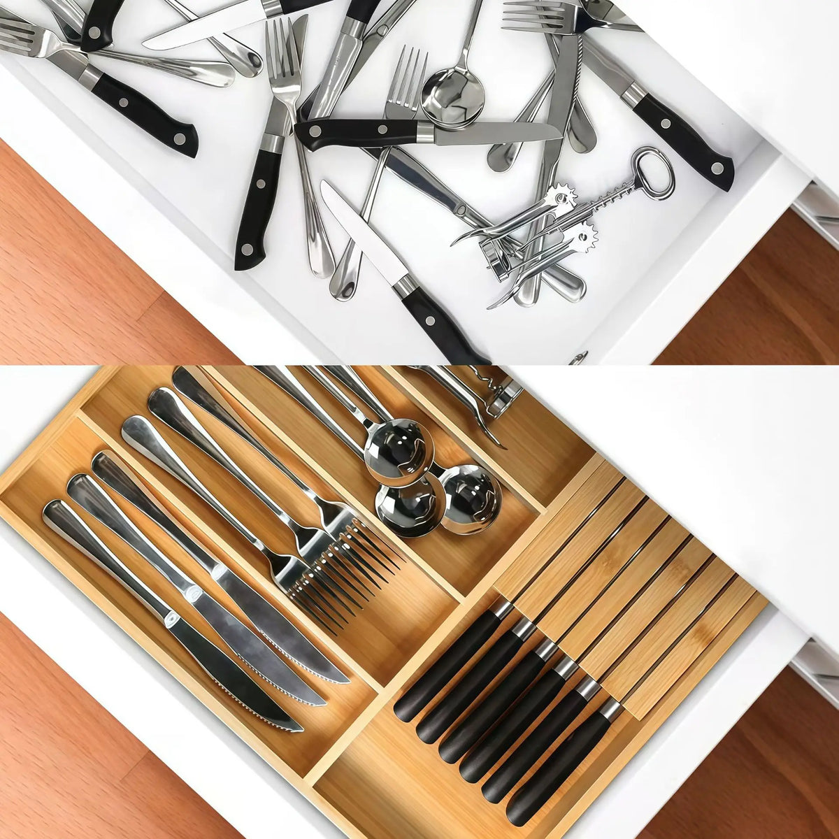 Adjustable Bamboo Cutlery Drawer Organizer For Kitchen Utensils Storage Tray