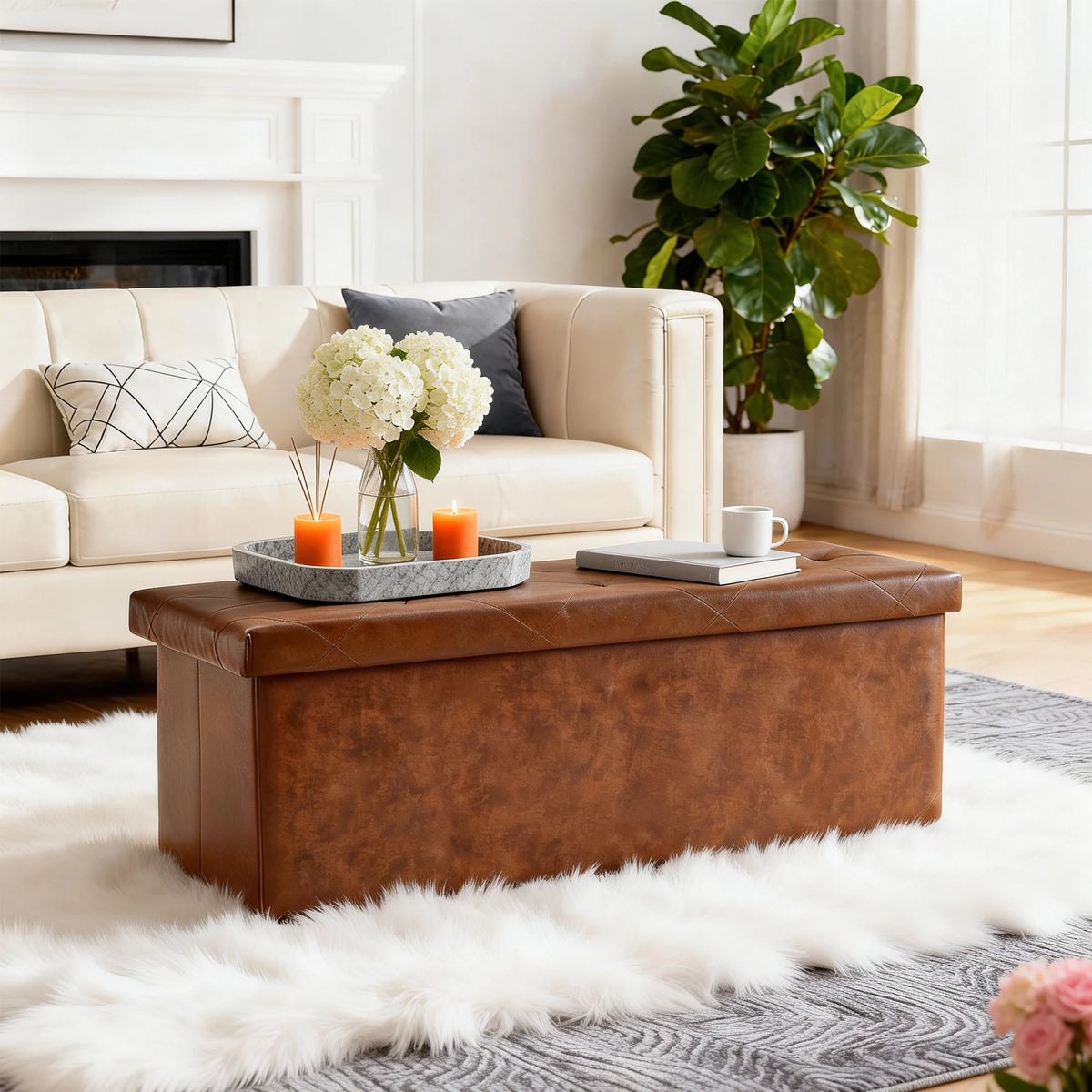 Tufted Faux Leather Foldable Storage Bench Ottoman