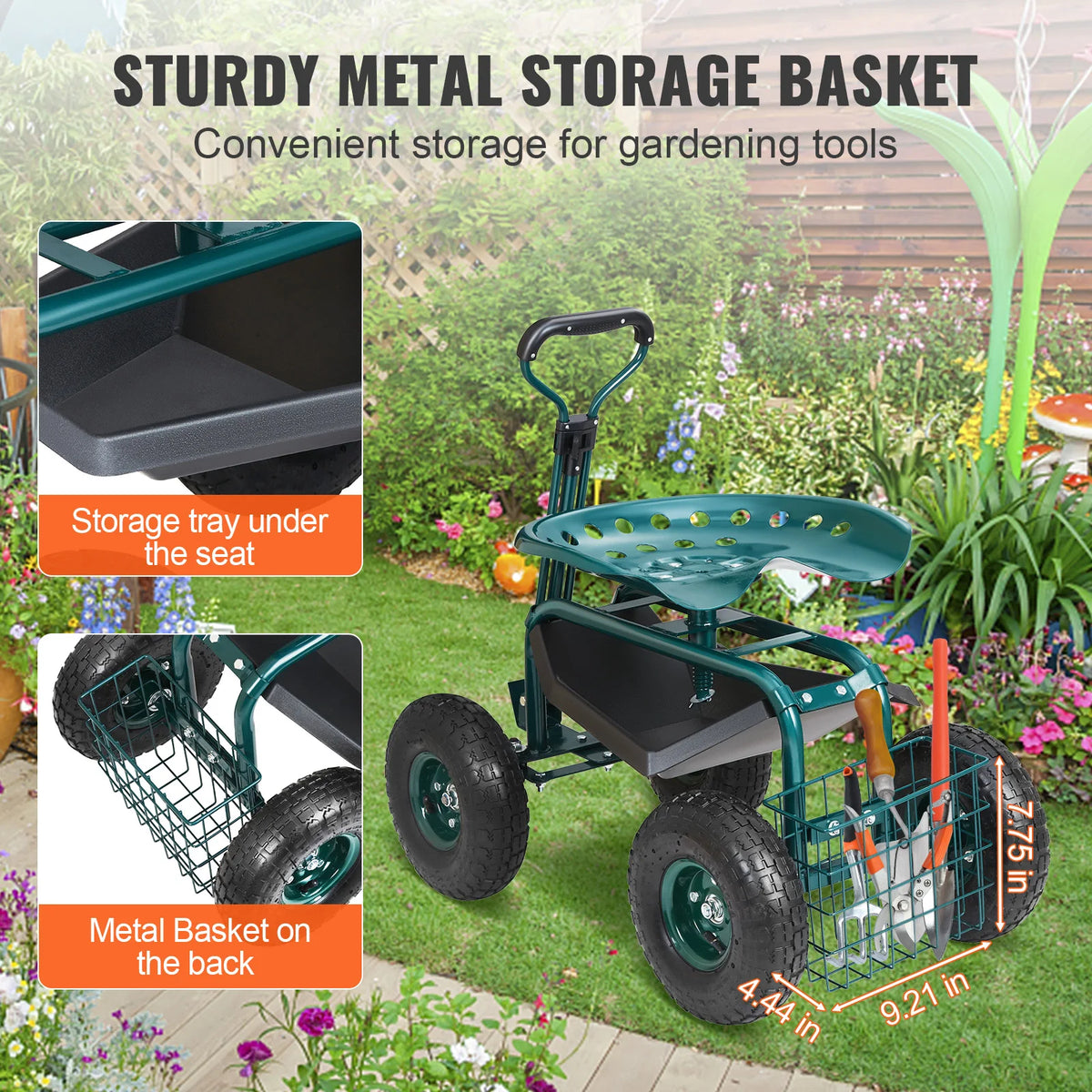 SucceBuy Garden Cart Rolling Workseat With Wheels And 360 Degree Swivel