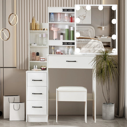 Yamissi White Wooden Vanity Table With Led Light, Stool And Storage