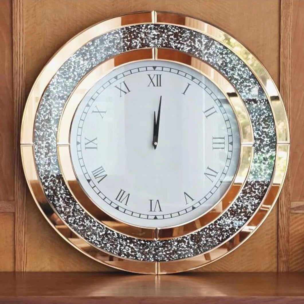 Decorative Mirrored Wall Clock With Crushed Diamond Inlay
