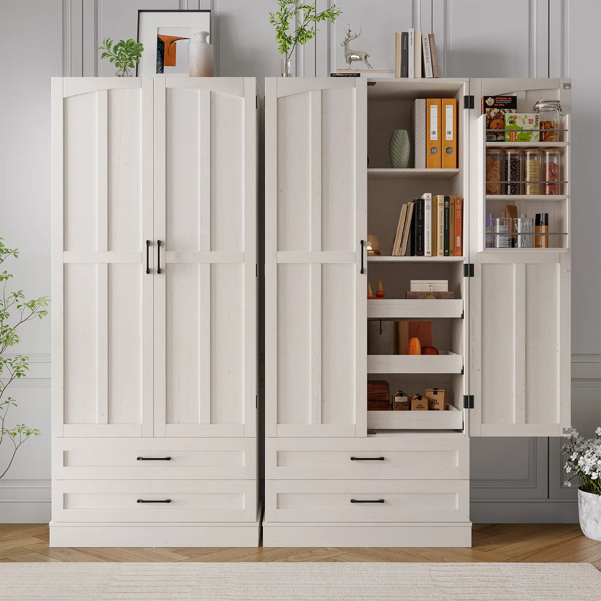 ONBRILL Farmhouse Kitchen Pantry Cabinet With Shelves And Six Doors