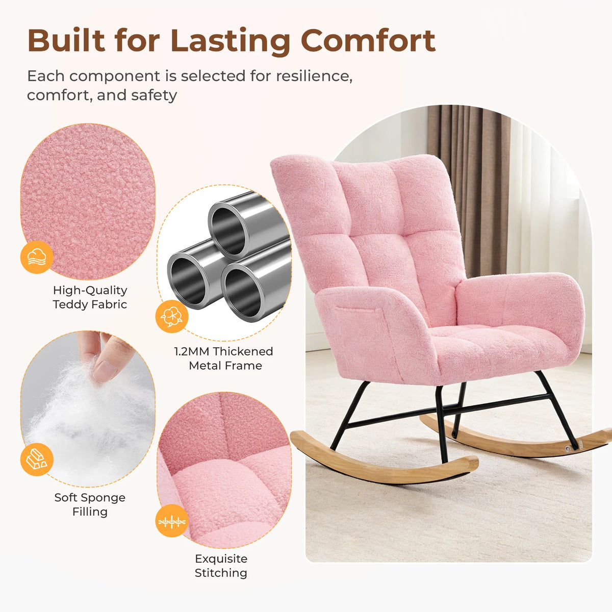 JHK Teddy Upholstered Saucer Rocking Chair With Metal Frame