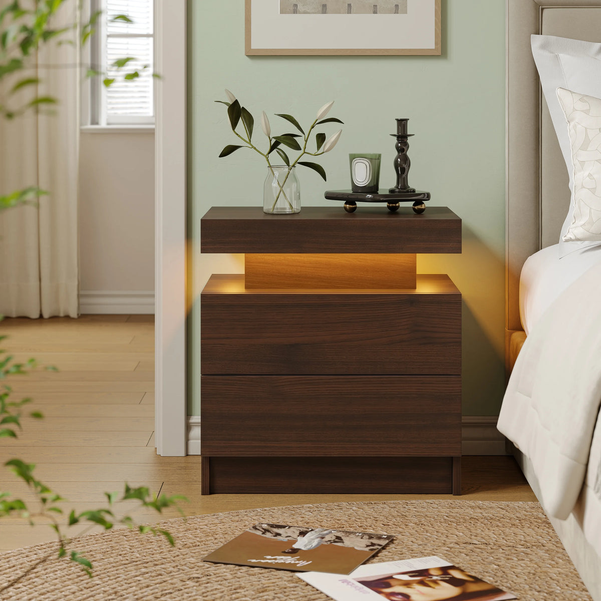 Cubehom Wood LED Nightstand With 2 Drawers And RGB Lights