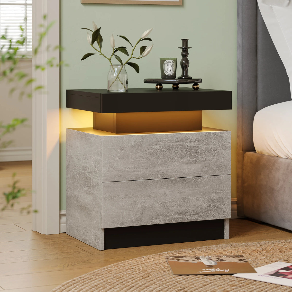 Cubehom Wood LED Nightstand With 2 Drawers And RGB Lights
