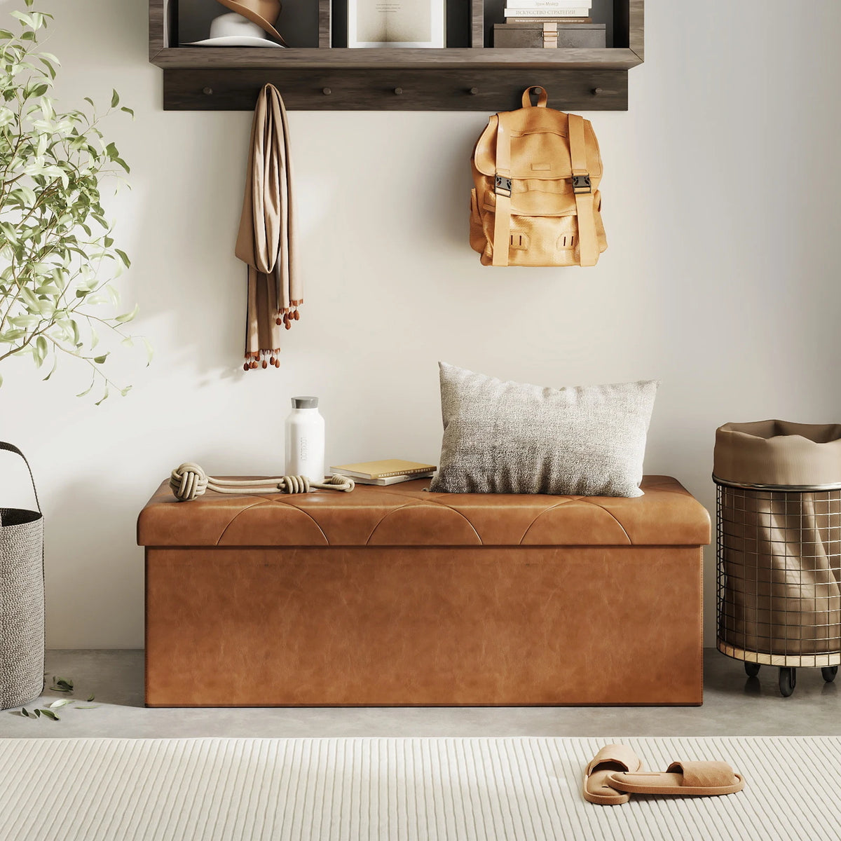 Tufted Faux Leather Foldable Storage Bench Ottoman
