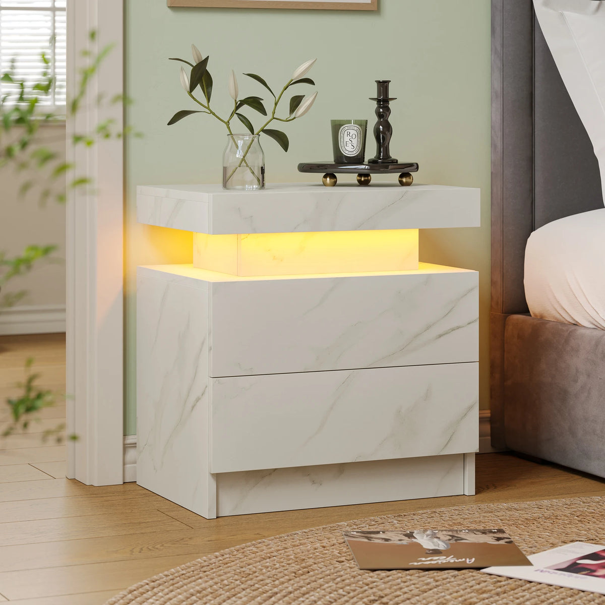 Cubehom Wood LED Nightstand With 2 Drawers And RGB Lights