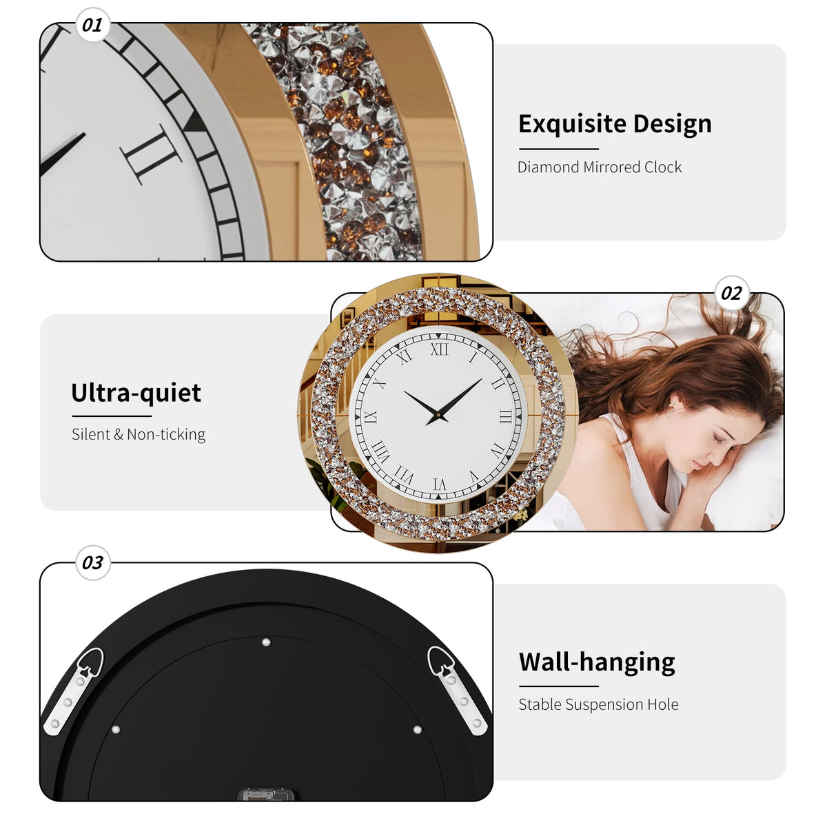 Decorative Mirrored Wall Clock With Crushed Diamond Inlay