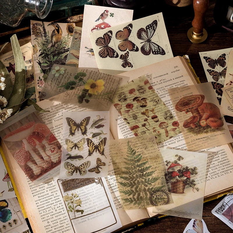 Multi Material Vintage Mushroom Butterfly Sticker Pack For Journal Scrapbook
