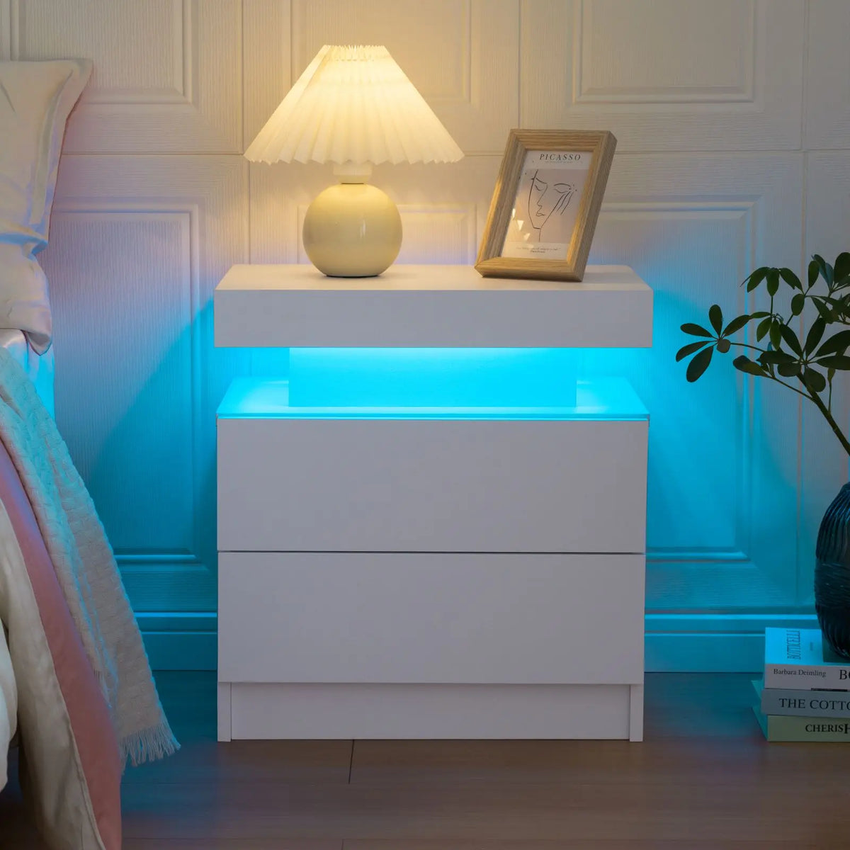 Cubehom Wood LED Nightstand With 2 Drawers And RGB Lights