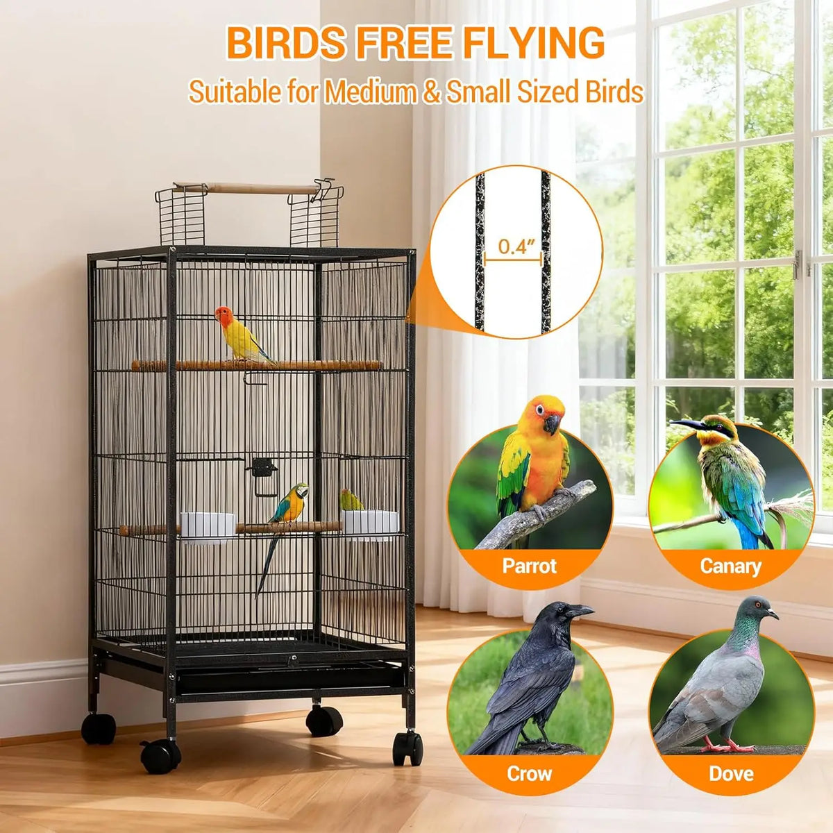 HiMISS Bird Cage With Rolling Stand And Slide Out Tray