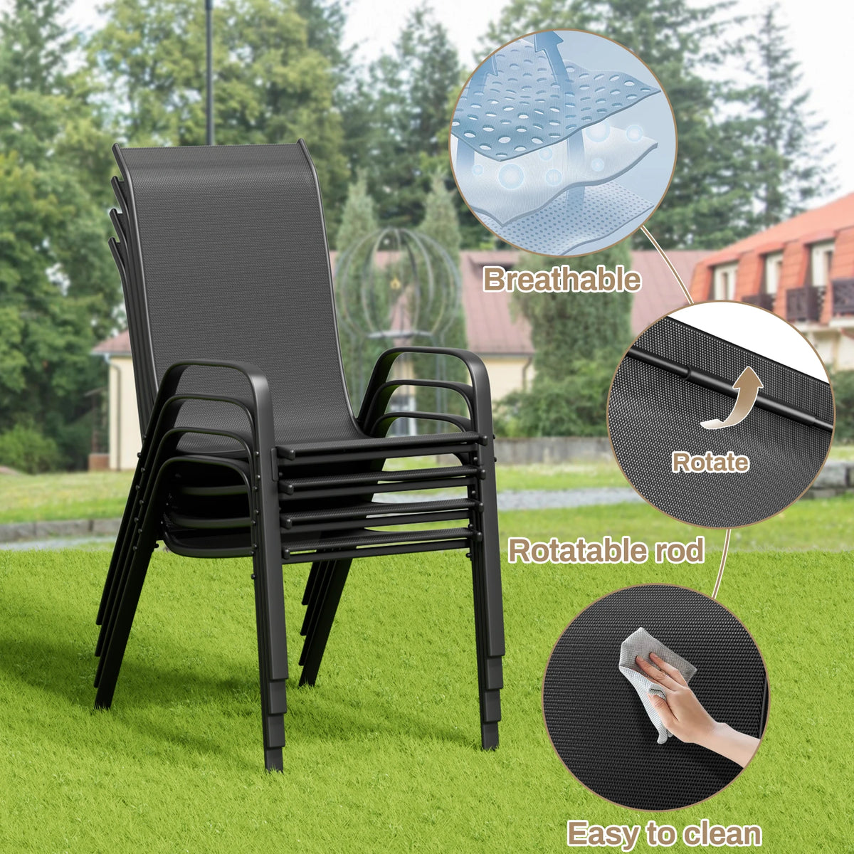 AuAg 6 Pack Black Outdoor Stack Chairs With Teslin Fabric