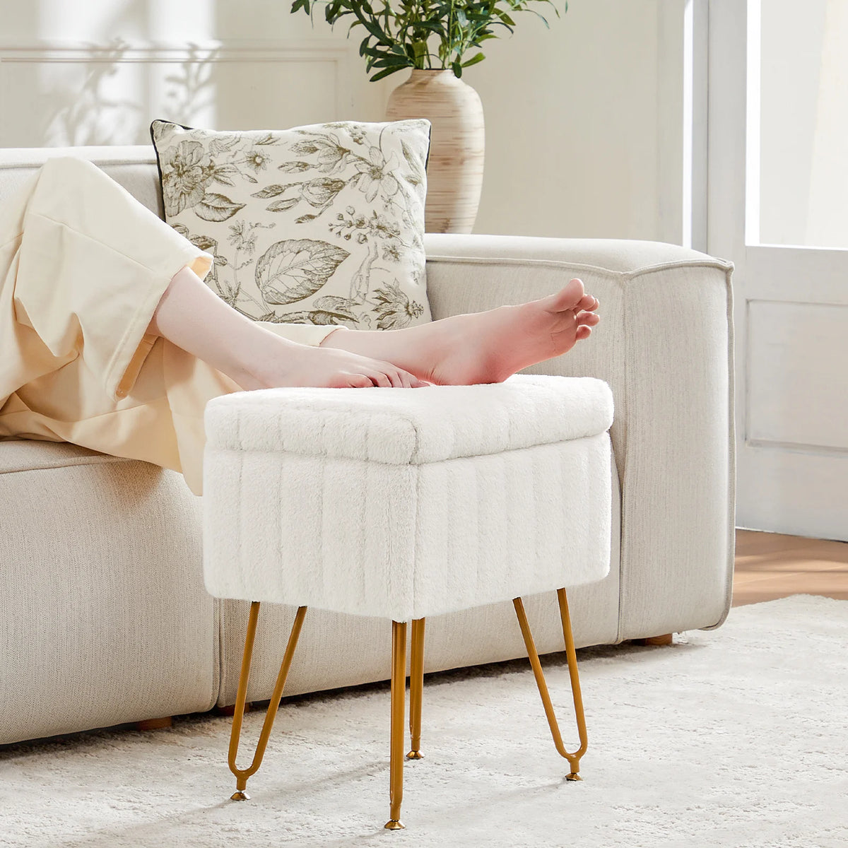 Jhk Faux Fur Modern Padded Ottoman With Four Metal Legs