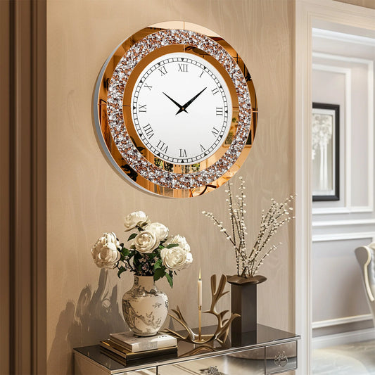 Crystal Sparkle Mirrored Wall Clock With Bling Diamond Design
