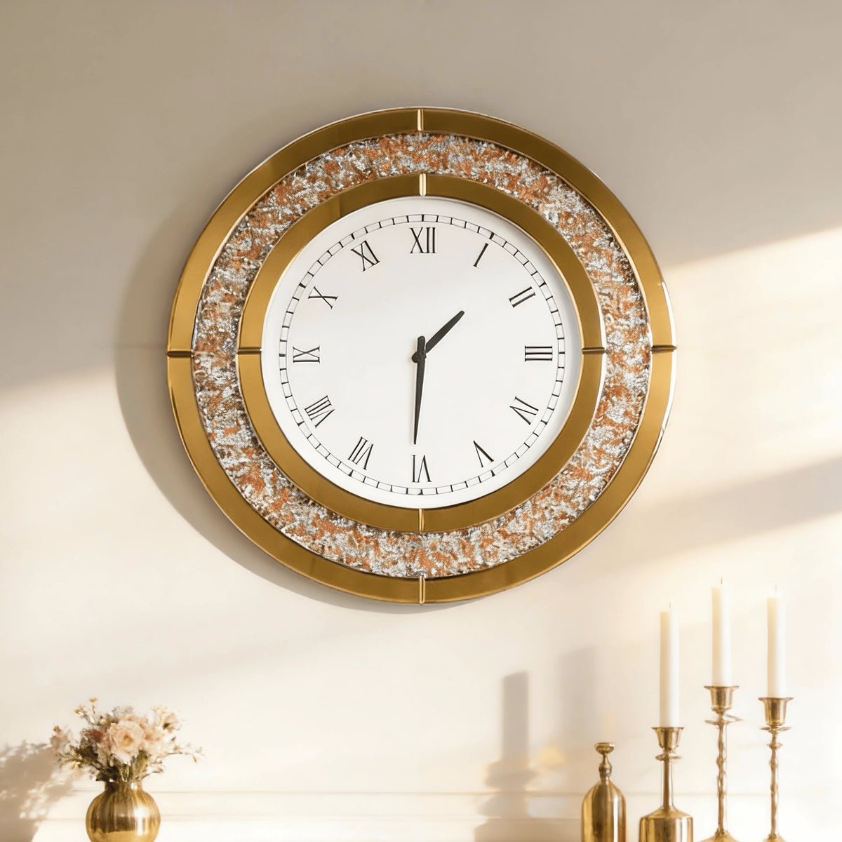 Decorative Mirrored Wall Clock With Crushed Diamond Inlay