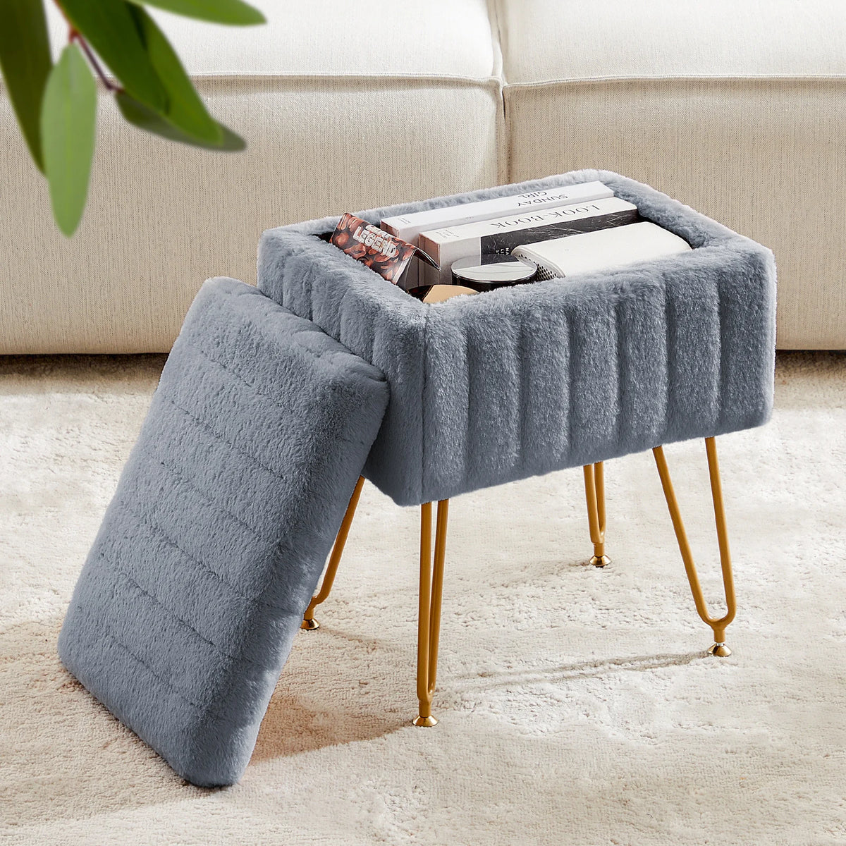 Jhk Faux Fur Modern Padded Ottoman With Four Metal Legs