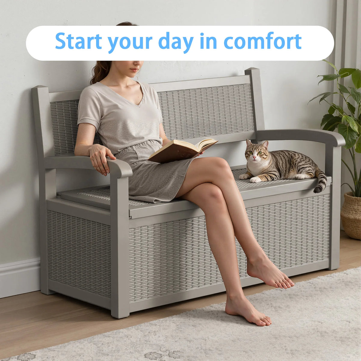 Outdoor Wicker Look Resin Patio Storage Bench For Garden Backyard Poolside