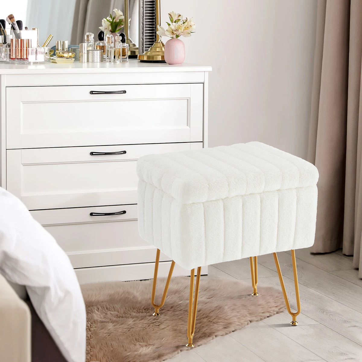Jhk Faux Fur Modern Padded Ottoman With Four Metal Legs