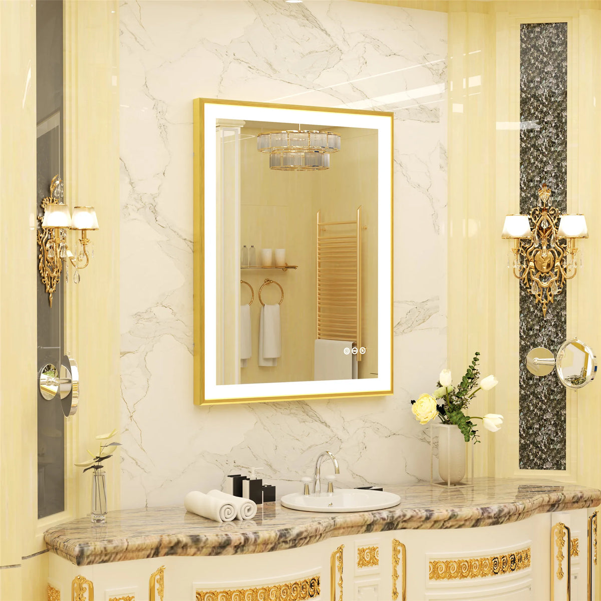 Gold Frame LED Bathroom Vanity Mirror Rectangle With Tricolors