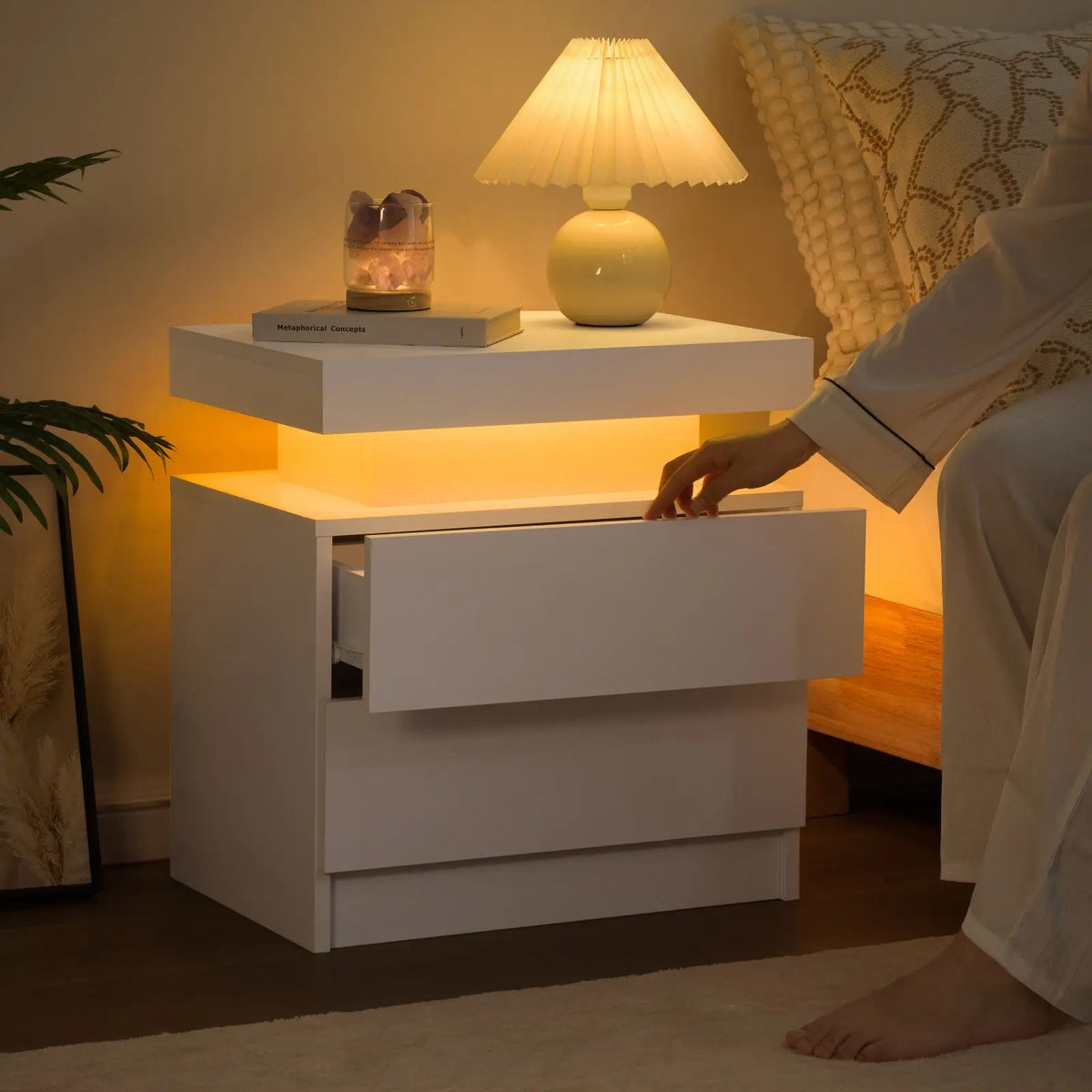 Cubehom Wood LED Nightstand With 2 Drawers And RGB Lights