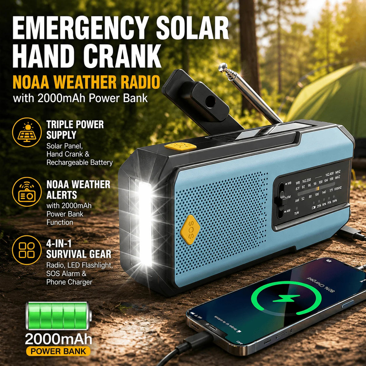 Stonego Solar Hand Crank Emergency Radio With Power Bank