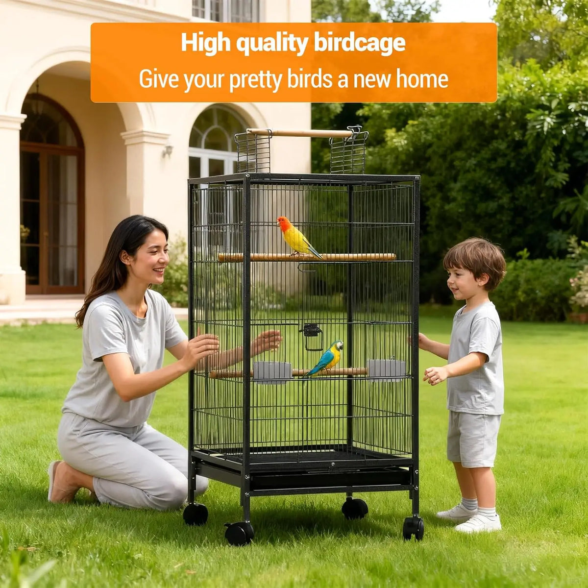 HiMISS Bird Cage With Rolling Stand And Slide Out Tray
