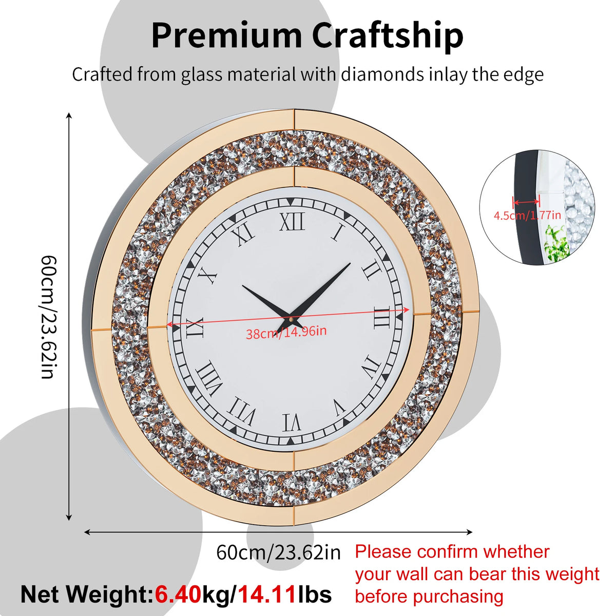 Decorative Mirrored Wall Clock With Crushed Diamond Inlay