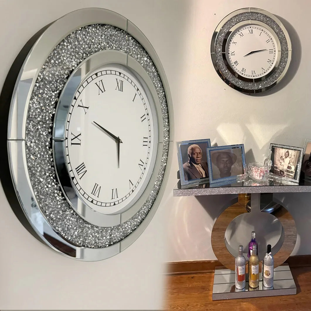 Decorative Mirrored Wall Clock With Crushed Diamond Inlay