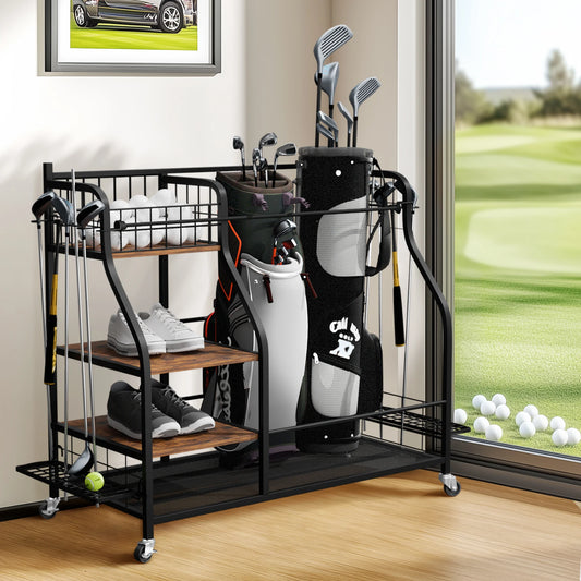 Three Tier Rolling Golf Bag Storage Shelf With Wheels