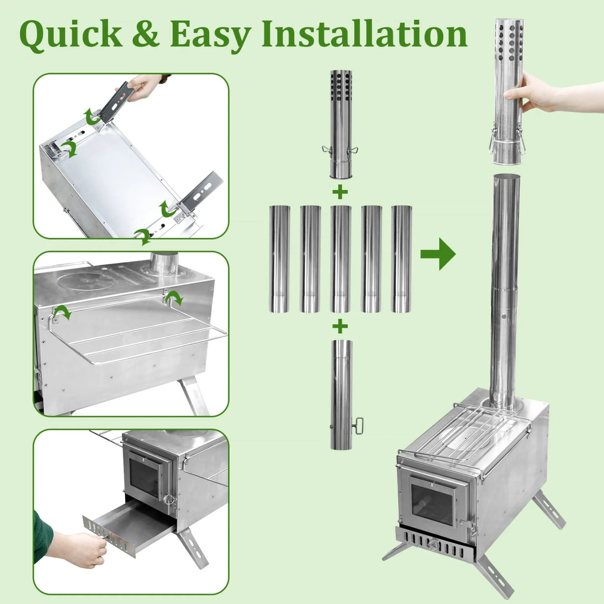 Portable Stainless Steel Wood Burning Stove With Chimney Pipes