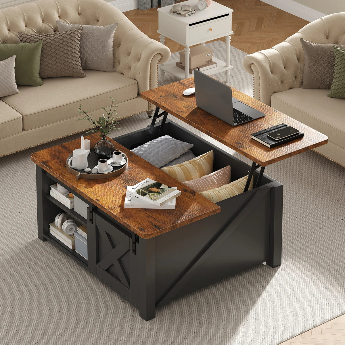 MCQ Wood Lift Top Square Coffee Table With Storage Shelf