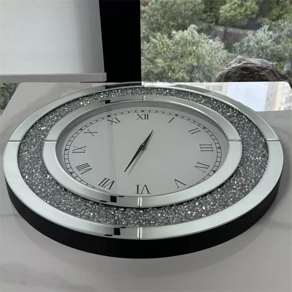 Decorative Mirrored Wall Clock With Crushed Diamond Inlay