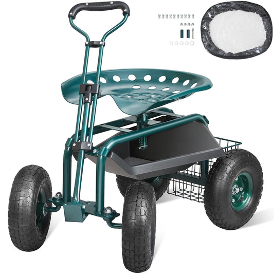 SucceBuy Garden Cart Rolling Workseat With Wheels And 360 Degree Swivel