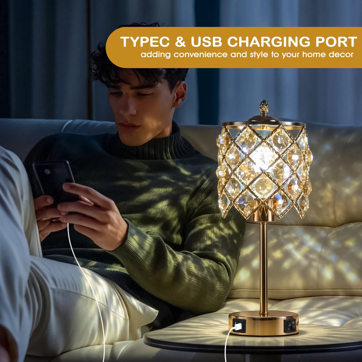 Elegant Crystal Table Lamp With USB Charging Port And Outlet