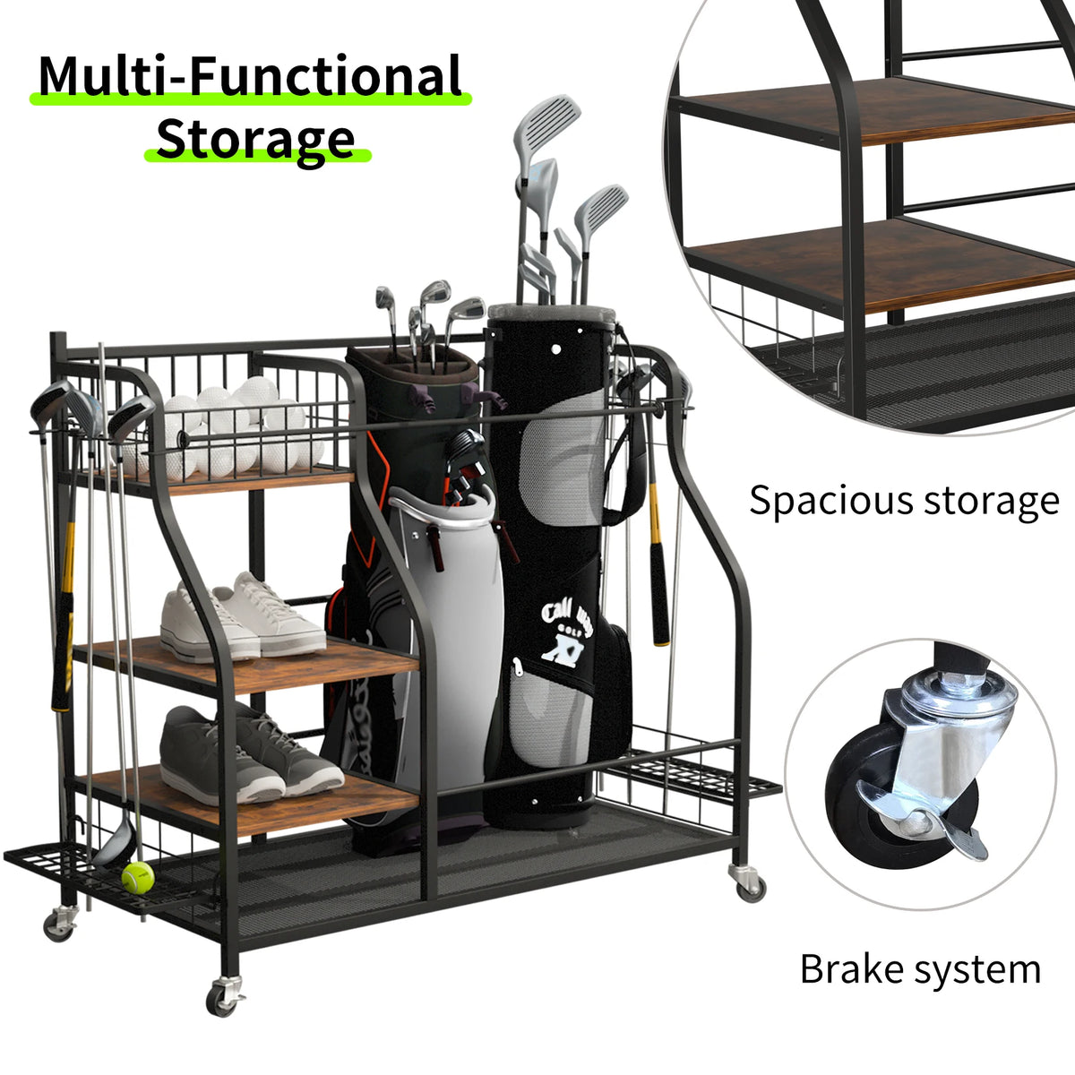 Multifunctional Three-Tier Rolling Metal Golf Bag Storage Rack With Wheels