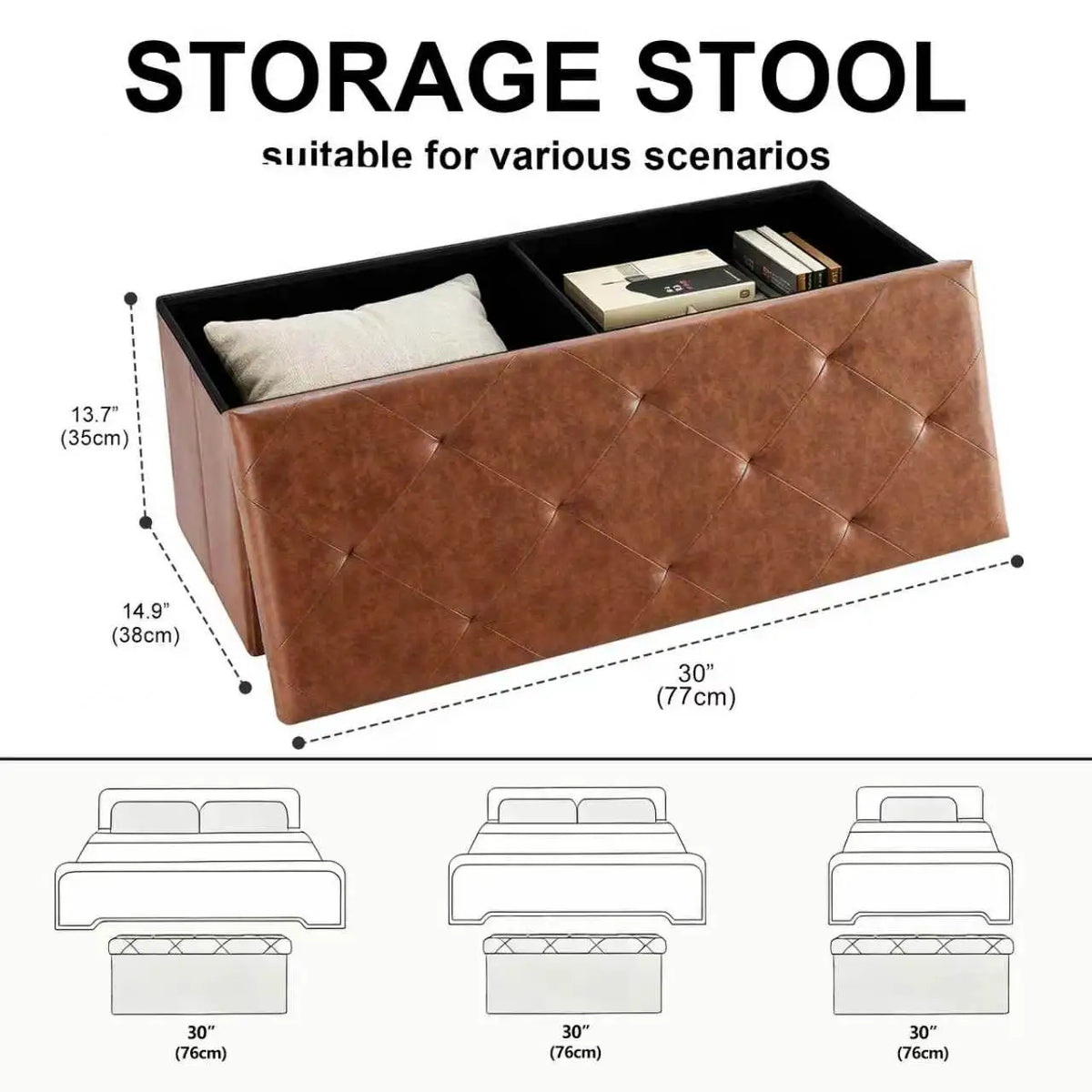 Tufted Faux Leather Foldable Storage Bench Ottoman