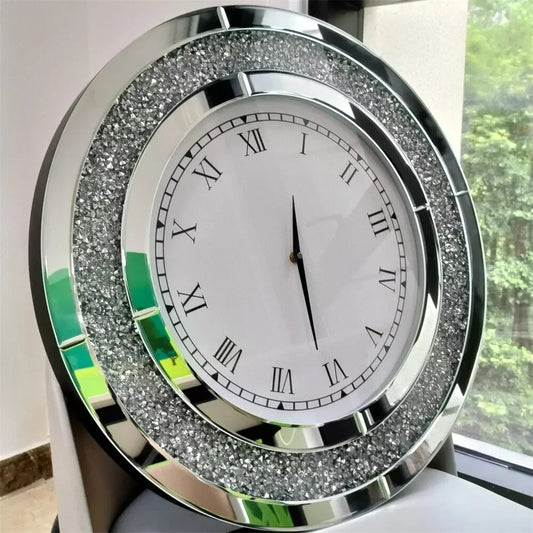 Decorative Mirrored Wall Clock With Crushed Diamond Inlay