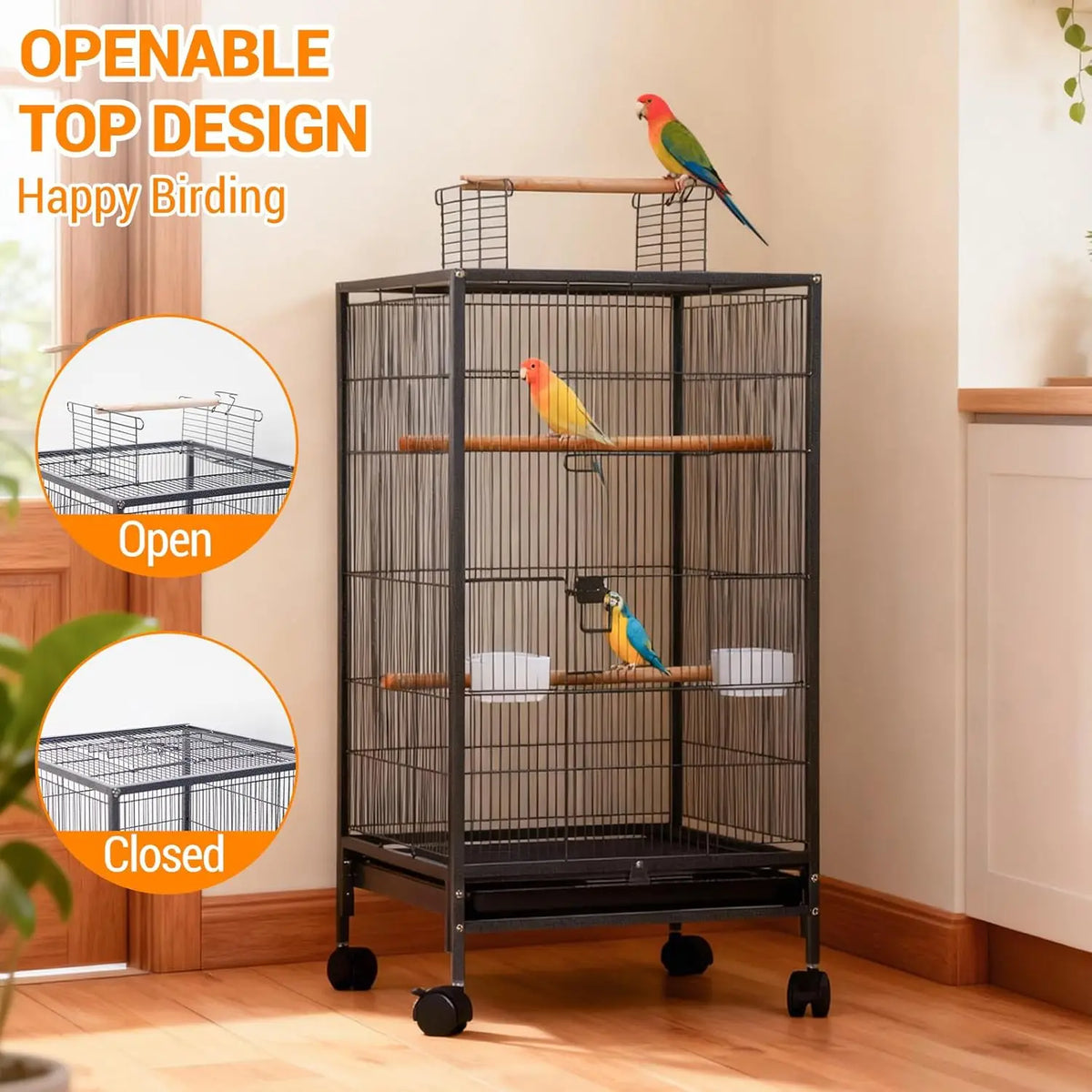 HiMISS Bird Cage With Rolling Stand And Slide Out Tray