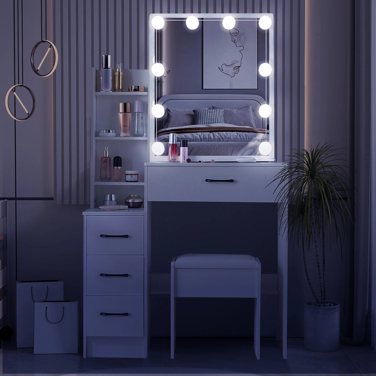 Yamissi White Wooden Vanity With Led Mirror And Stool