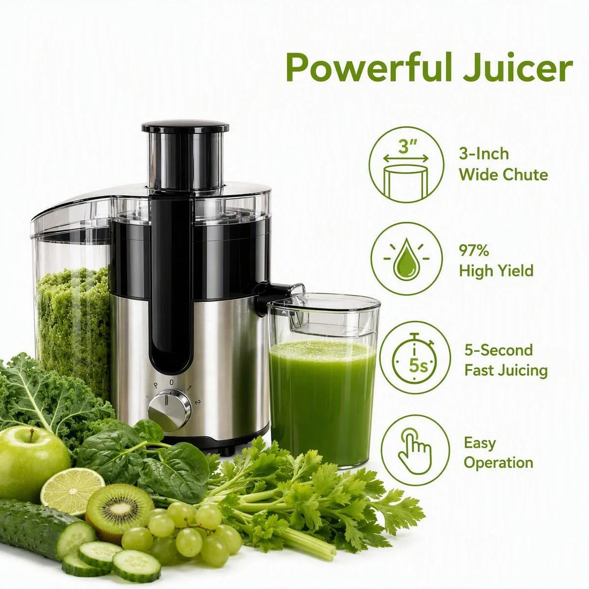 Centrifugal Juicer With Wide Feed Chute And Automatic Pulp Ejection