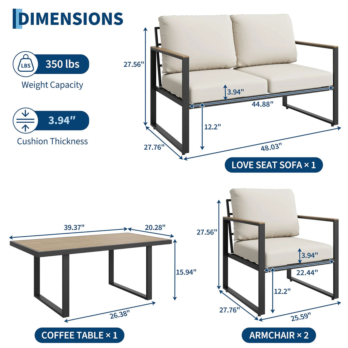 HobbyLane Modern 4-Piece Metal Patio Sofa Set With Coffee Table And Thick Cushions