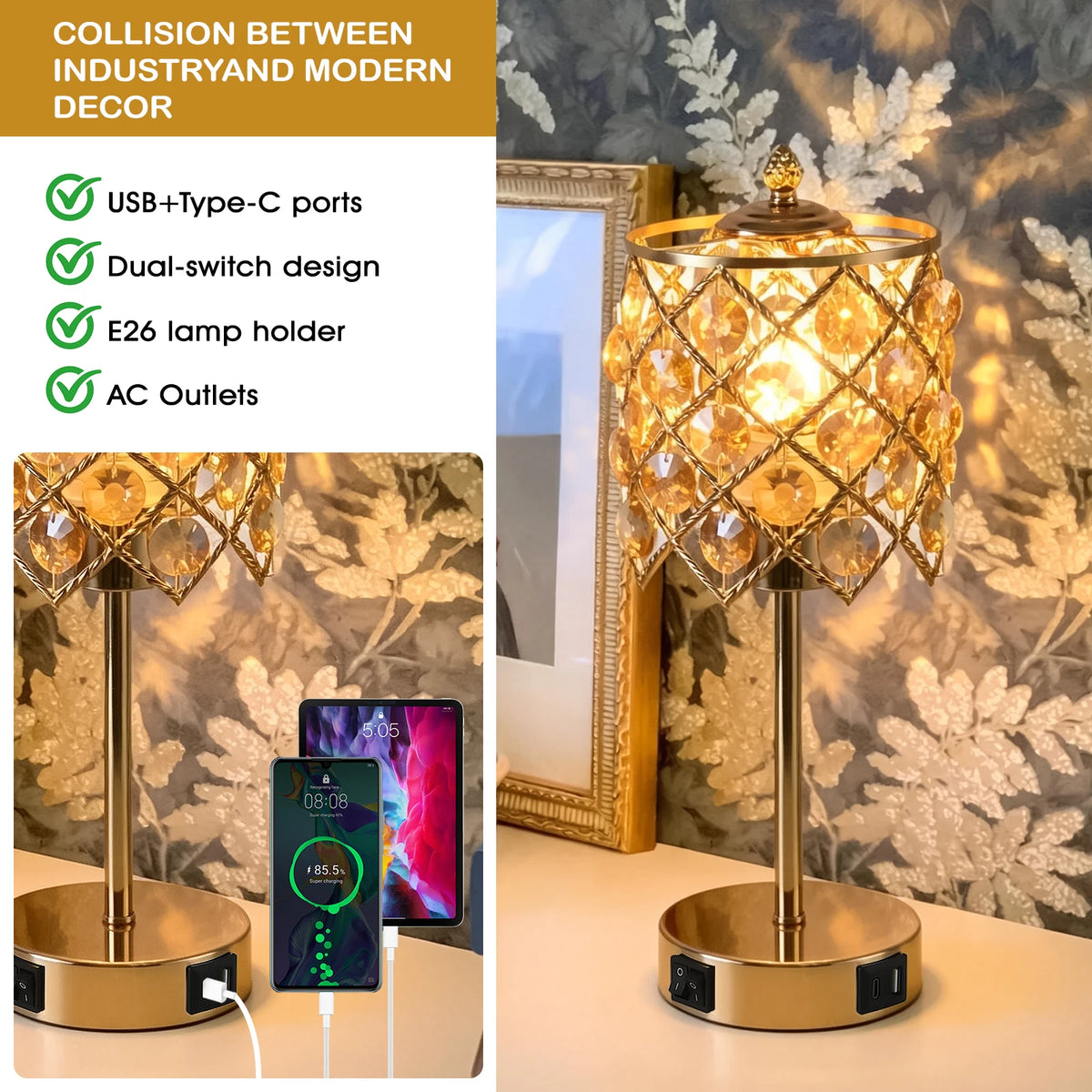 Elegant Crystal Table Lamp With USB Charging Port And Outlet