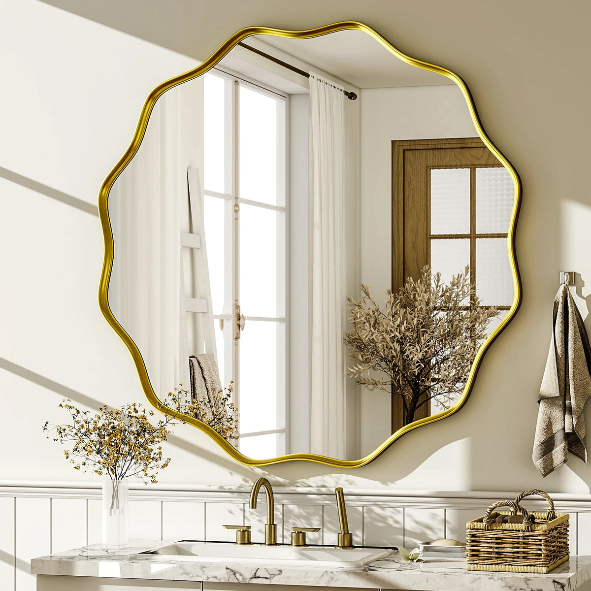 Beautypeak Wavy Round Decorative Wall Mirror With Glass Frame