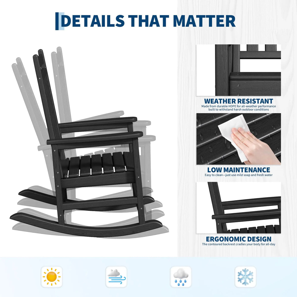 Black HDPE Rocking Chair Set Of 2 With Side Table
